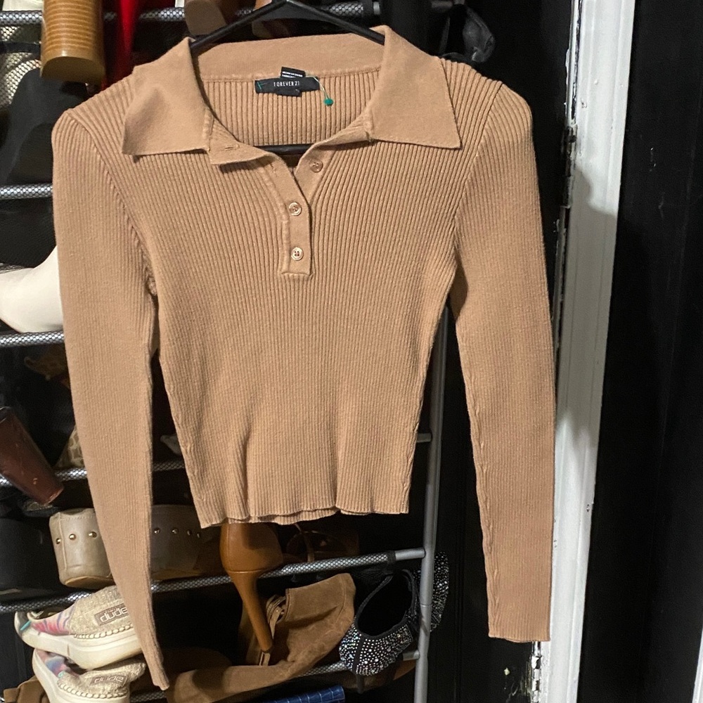 Forever 21 Camel Ribbed Button Down Shirt
